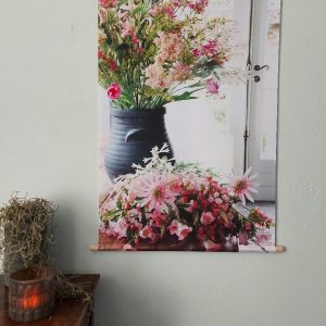 Wanddoek – Vaas met boeket roze bloemen