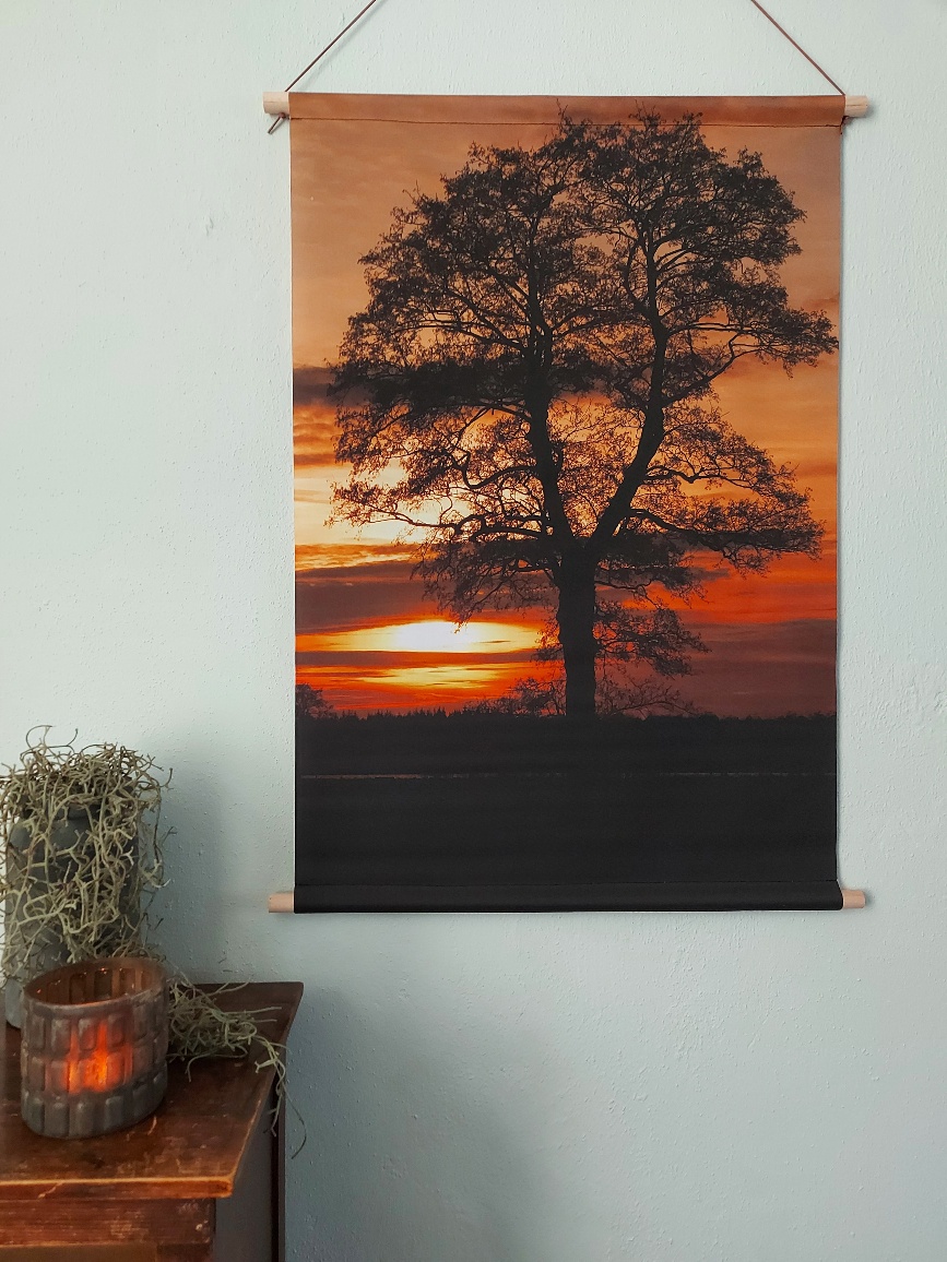 Wanddoek - Zonsondergang achter boom