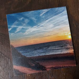 Kunststof onderzetter – Duinen, strand en zee met zonsondergang