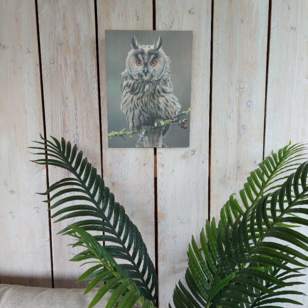 Wanddecoratie van hout met een afbeelding van een ransuil, van het merk Country Deco.