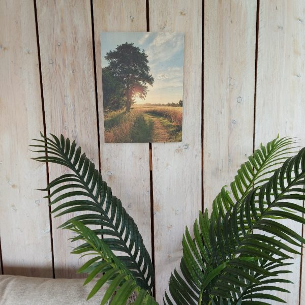 Wanddecoratie van hout met een afbeelding van een boom bij een graanveld, van het merk Country Deco.