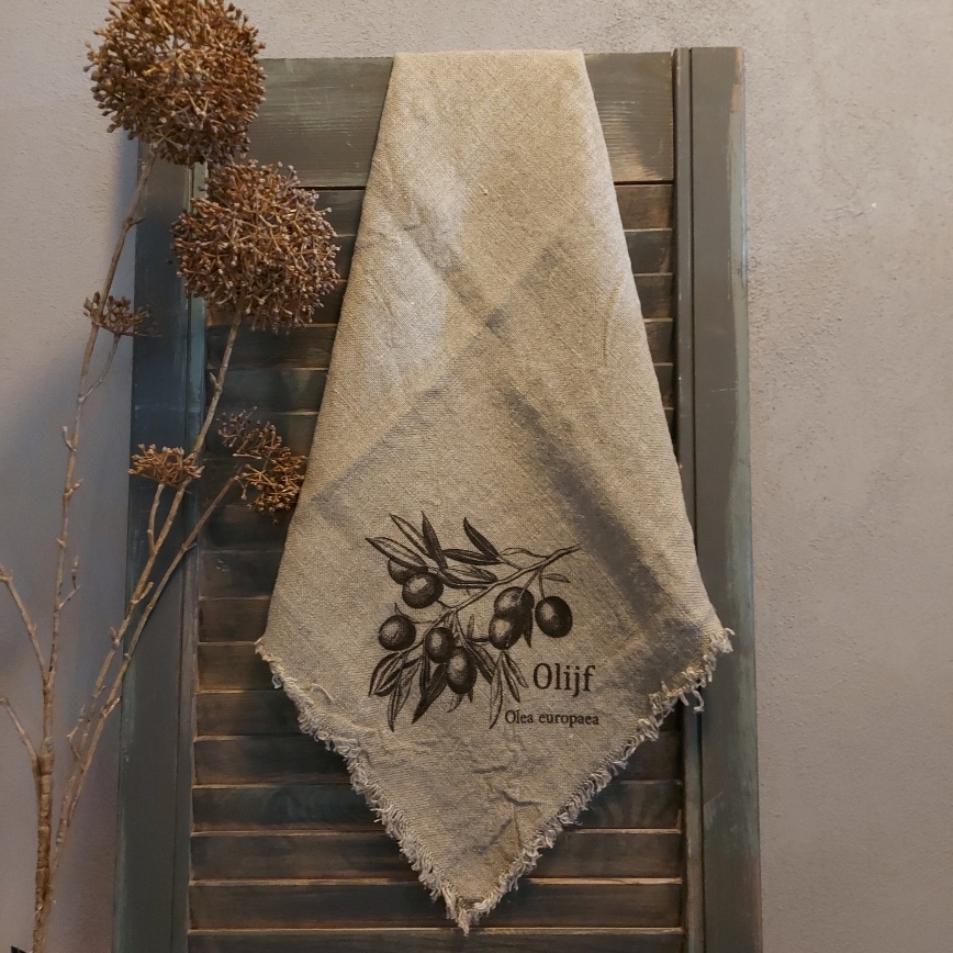 Shabby doek met de afbeelding van een tak met olijven in sepia tinten.