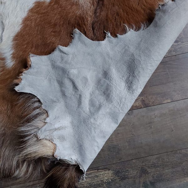 Decoratief geitenvacht bruin met witte vlekken, gemaakt van soepel leer een zacht geitenhaar.