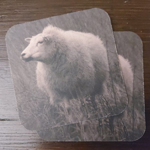Onderzetter van viltkarton met de afbeelding van een schaap.
