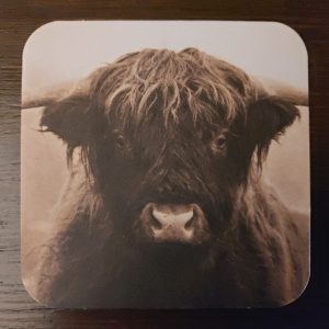 Onderzetter van viltkarton met de afbeelding van een Schotse Hooglander.