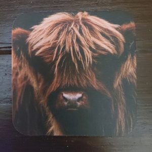 Onderzetter van viltkarton met de afbeelding van een Schotse Hooglander. Dubbelzijdig bedrukt