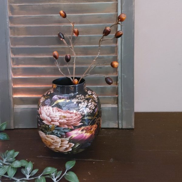 Vaas zwart met bloemenpatroon - Metaal - H.16cm - Mansion Atmosphere - Afbeelding 2