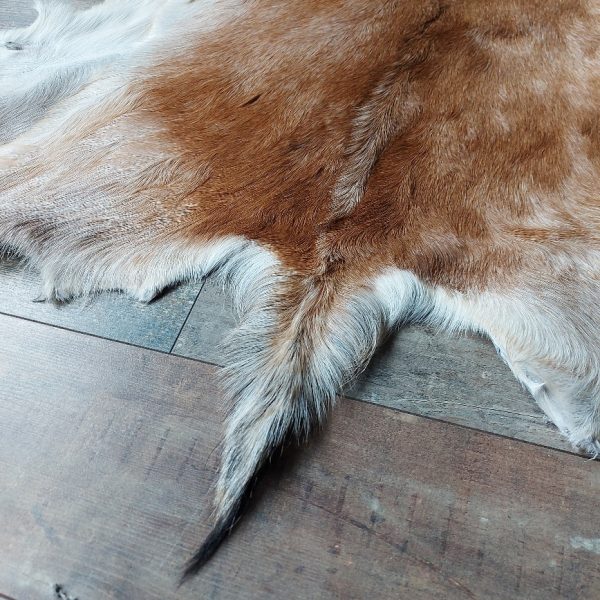 Decoratief geitenvacht in een licht bruine kleur, gemaakt van soepel leer een zacht geitenhaar.