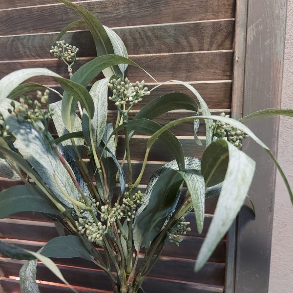 Bosje met 5 Eucalyptus kunsttakken van het merk Countryfield, met spits donkergroen blad.