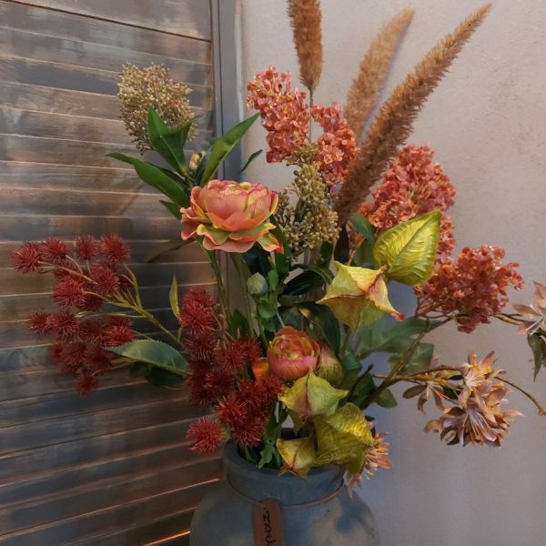 Compleet boeket zijden bloemen in warme nazomerkleuren. Exclusief verkrijgbaar bij Creatieve Decoraties voor Jou.
