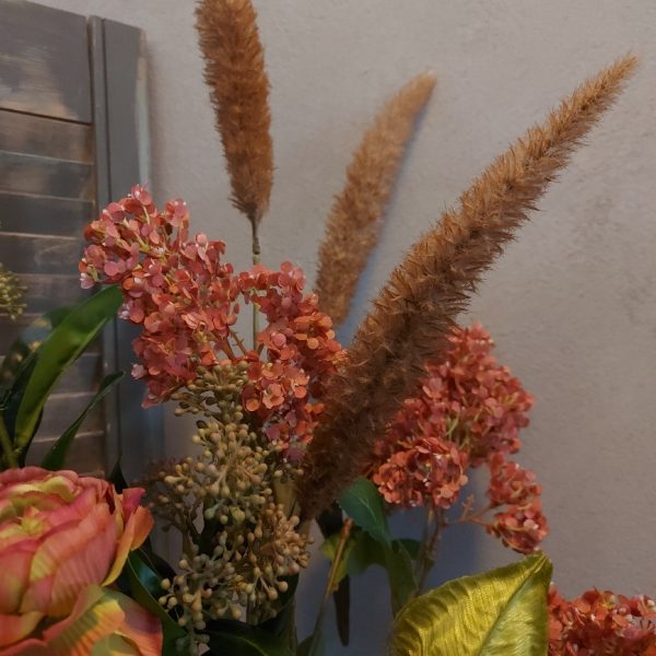 Compleet boeket zijden bloemen in warme nazomerkleuren. Exclusief verkrijgbaar bij Creatieve Decoraties voor Jou.