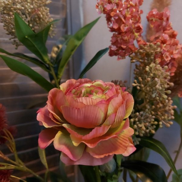 Compleet boeket zijden bloemen in warme nazomerkleuren. Exclusief verkrijgbaar bij Creatieve Decoraties voor Jou.