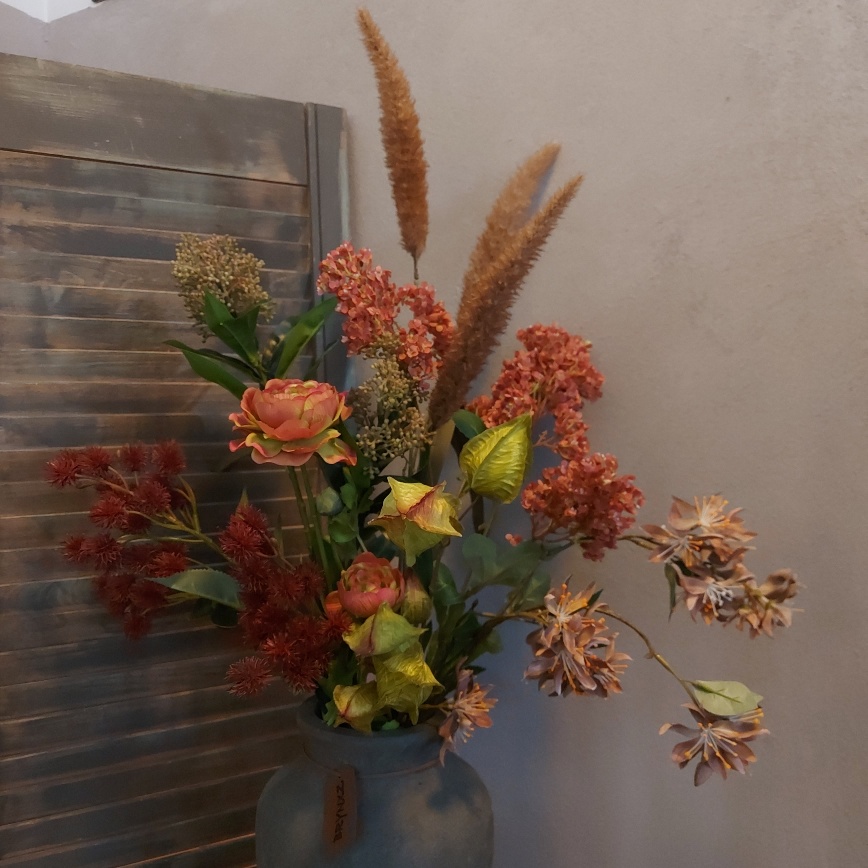 Compleet boeket zijden bloemen in warme nazomerkleuren. Exclusief verkrijgbaar bij Creatieve Decoraties voor Jou.