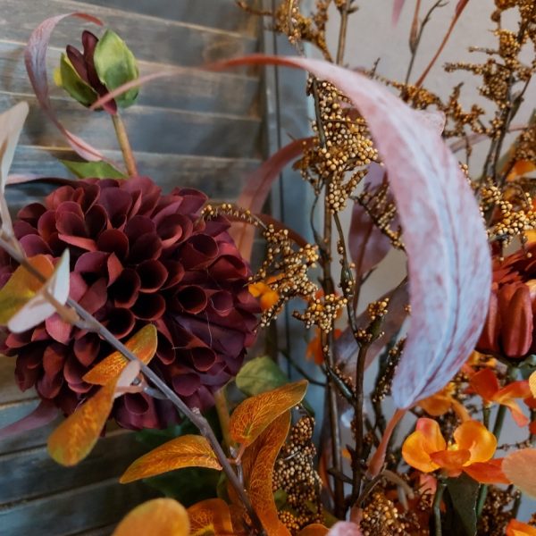 Compleet boeket zijden bloemen in warme nazomerkleuren. Exclusief verkrijgbaar bij Creatieve Decoraties voor Jou.
