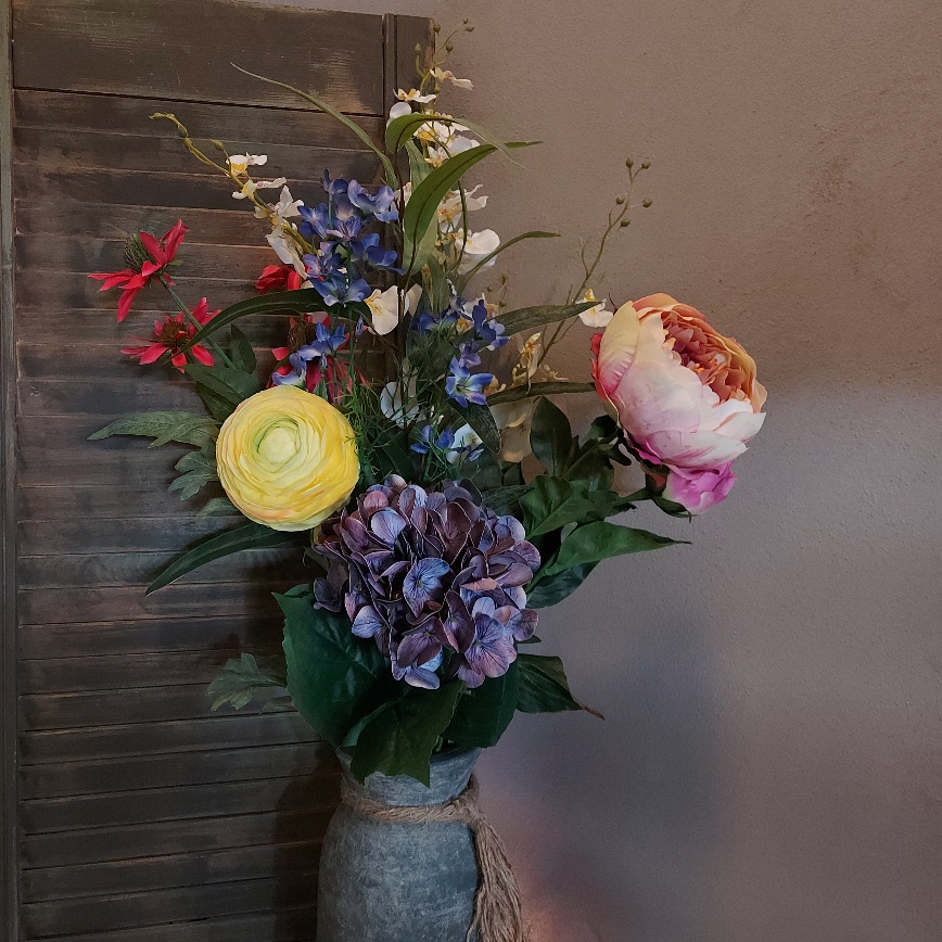 Compleet boeket zijden bloemen in vrolijke frisse kleuren. Exclusief verkrijgbaar bij Creatieve Decoraties voor Jou.