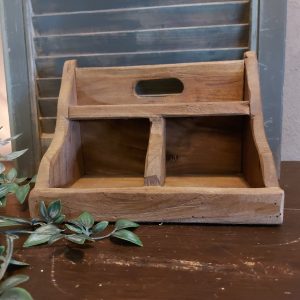 Houten gruttersbak met twee vakken en een plankje. Onbehandeld Mangohout