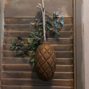 Pin van bruin gebeitst hout in het model van een dennenappel.