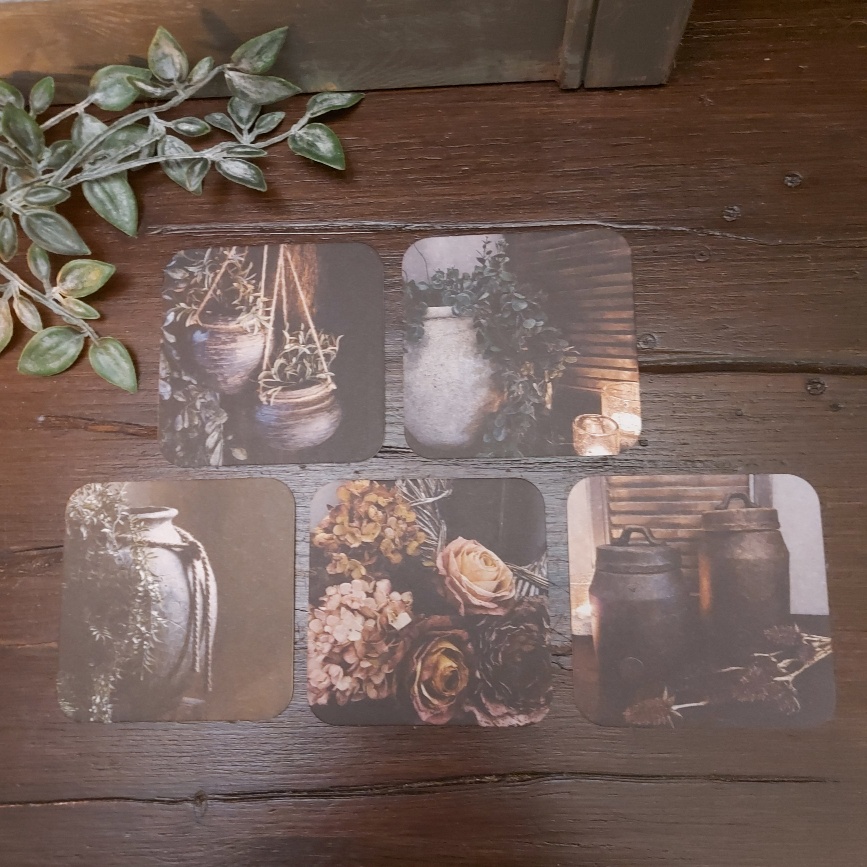 Set met 10 onderzetters van viltkarton met stillevens. Dubbelzijdig bedrukt.