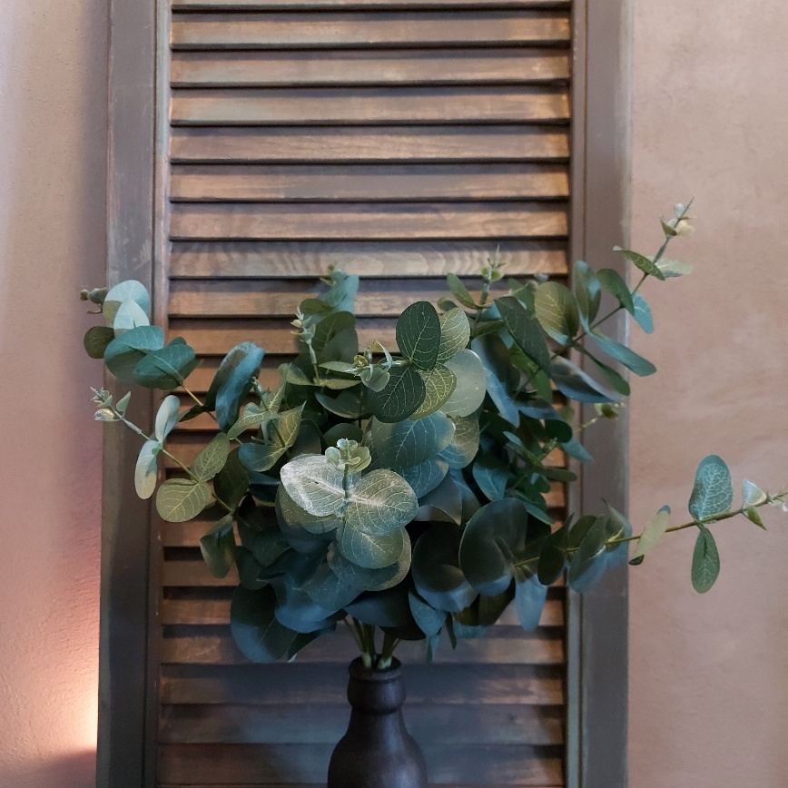 Bosje met zes eucalyptus kunsttakken met rond groen blad van het merk Countryfield.